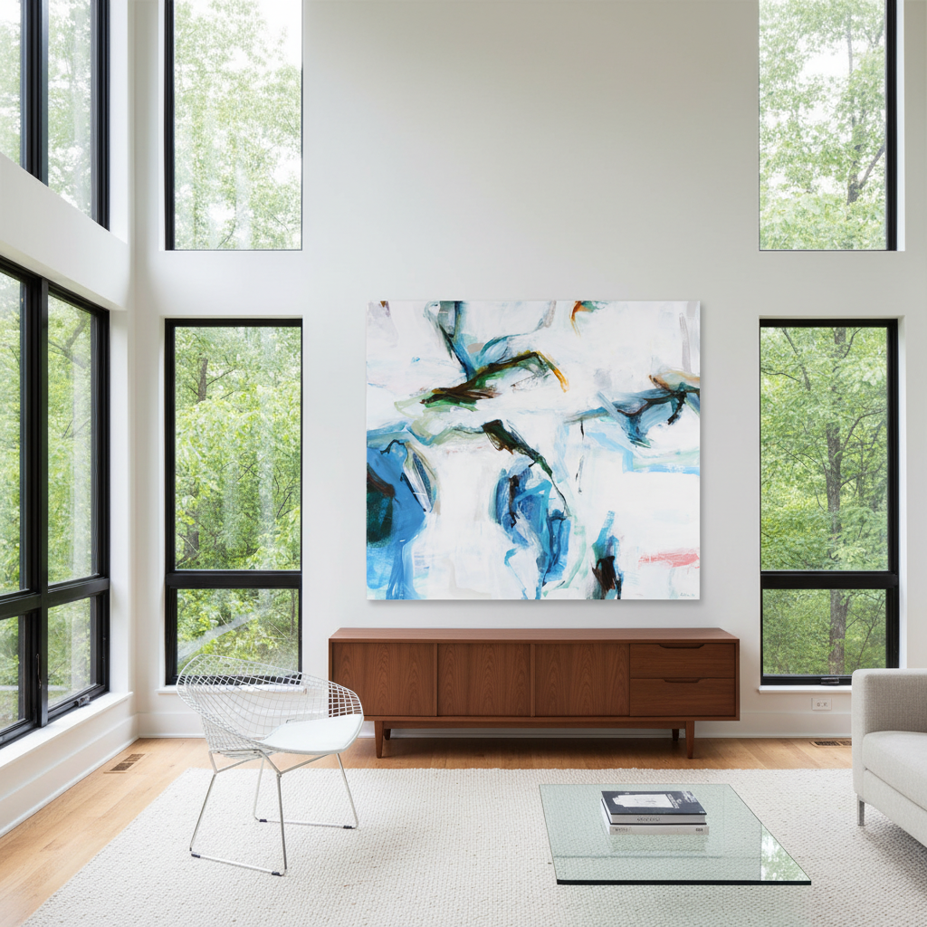 A Reach, large abstract expressionist oil painting in ethereal blues, teals, and greens with dark gestural marks, displayed in a modernist interior with Bertoia Diamond chair and natural light — original artwork by Michael Rich