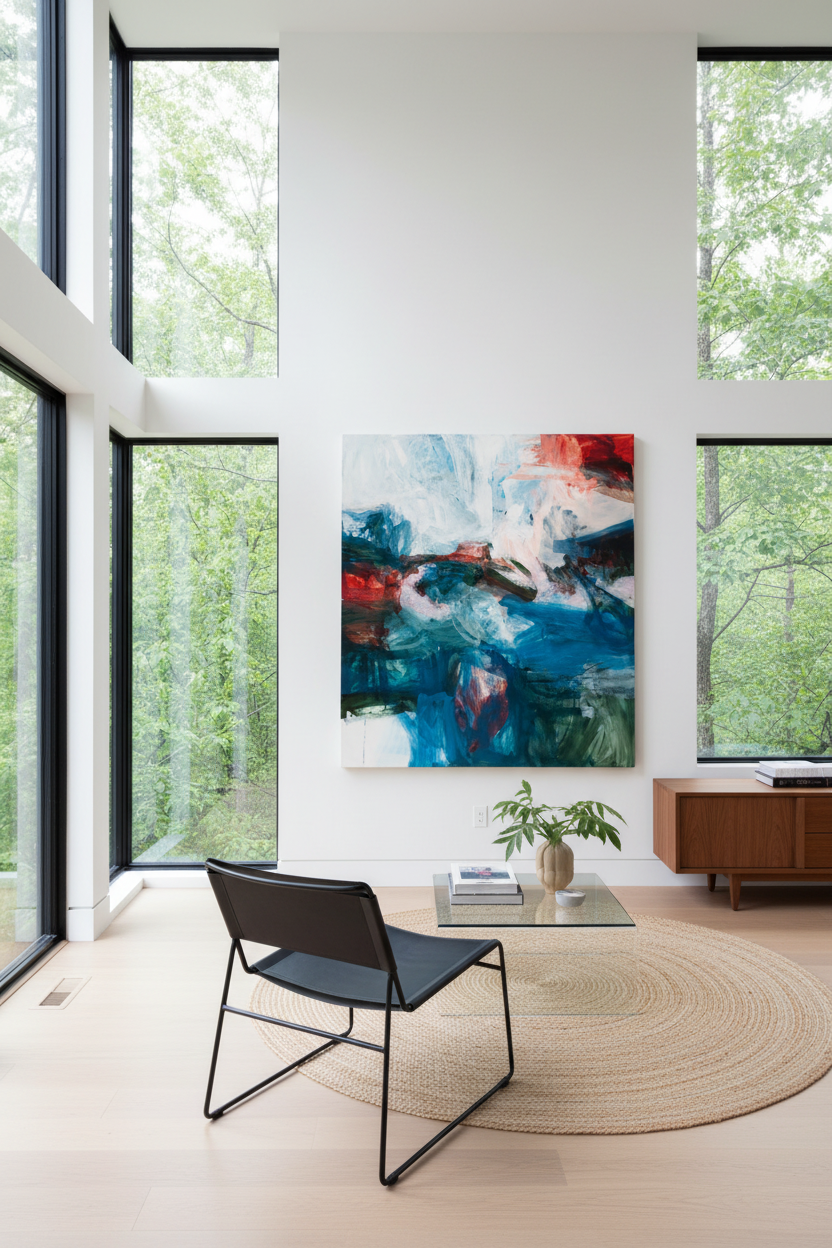 A Sea of My Own, large vertical abstract expressionist oil painting in churning blues, teals, deep greens, and reds, displayed in a modernist interior with Bertoia Diamond chair and natural light — original artwork by Michael Rich