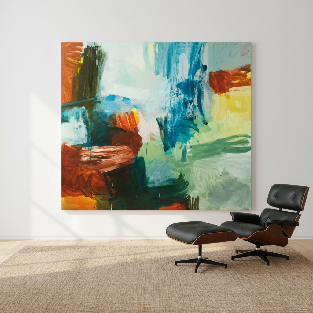 After a Late Storm, large abstract expressionist oil painting in yellows, blues, greens, and rust, displayed in a modernist interior with natural light — original artwork by Michael Rich