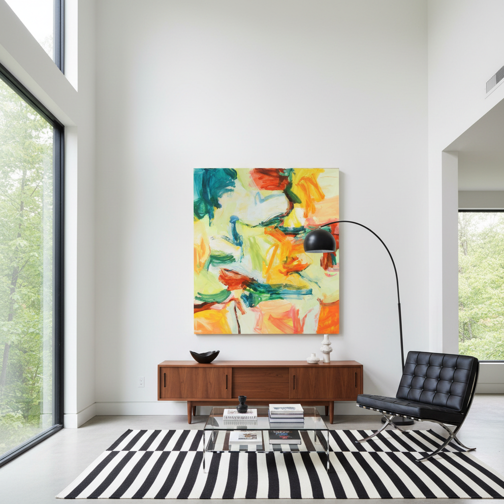 All the Gardens, large abstract expressionist oil painting in vibrant yellows, oranges, teals, greens, and pinks, displayed in a bright modernist interior with Barcelona chair and natural light — original artwork by Michael Rich

