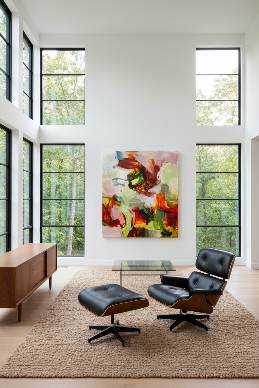 At the End of the Day, large vertical abstract expressionist oil painting in deep reds, greens, oranges, and soft pinks, displayed in a modernist interior with Eames lounge chair and warm natural light — original artwork by Michael Rich