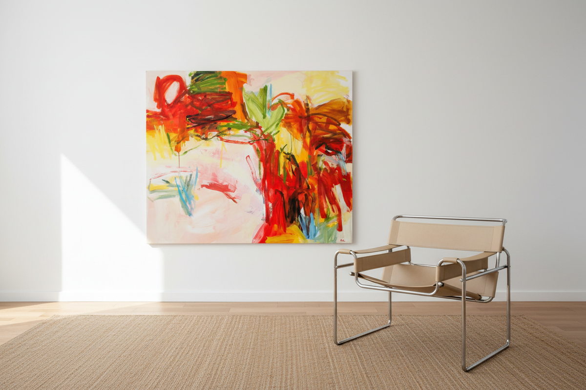 Autumn Leaves, large abstract expressionist oil painting in warm reds, oranges, golds, and browns, displayed in a modernist interior with natural light — original artwork by Michael Rich
