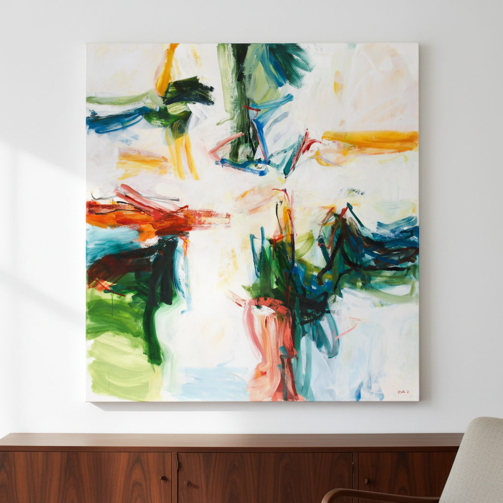 Beloved, large abstract expressionist oil painting in reds, greens, teals, and yellows, displayed on a white wall in a modernist interior — original artwork by Michael Rich