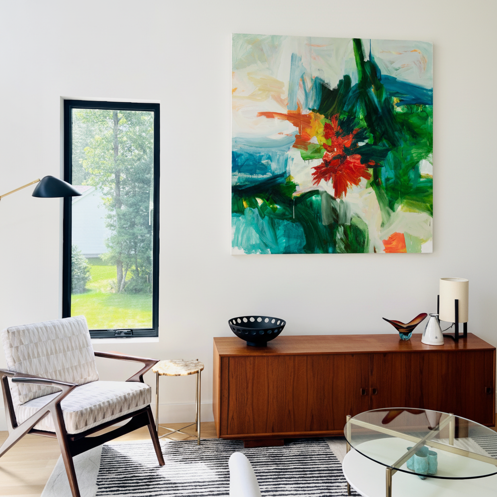Bordeaux, large abstract expressionist oil painting in deep greens, teals, and blues with a burst of red and orange, displayed in a modernist interior with natural light and forest views — original artwork by Michael Rich

