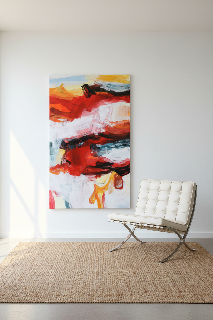Campo de' Fiori, large abstract expressionist oil painting in vibrant market colors — reds, yellows, greens, and blues — displayed in a modernist interior with natural light — original artwork by Michael Rich