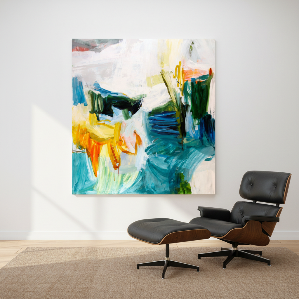 Flowers from the Sea I, large abstract expressionist oil painting in luminous aquas, yellows, and greens, displayed in a modernist interior with Eames lounge chair and natural light — original artwork by Michael Rich

