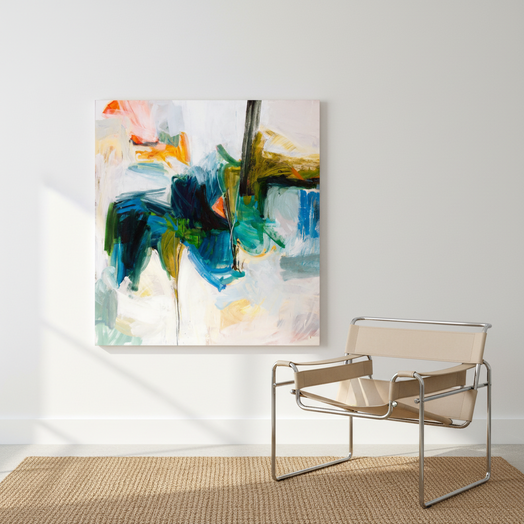 Flowers from the Sea II, large abstract expressionist oil painting in deep teals, navy blues, and warm golds, displayed in a modernist interior with Wassily chair and natural light — original artwork by Michael Rich