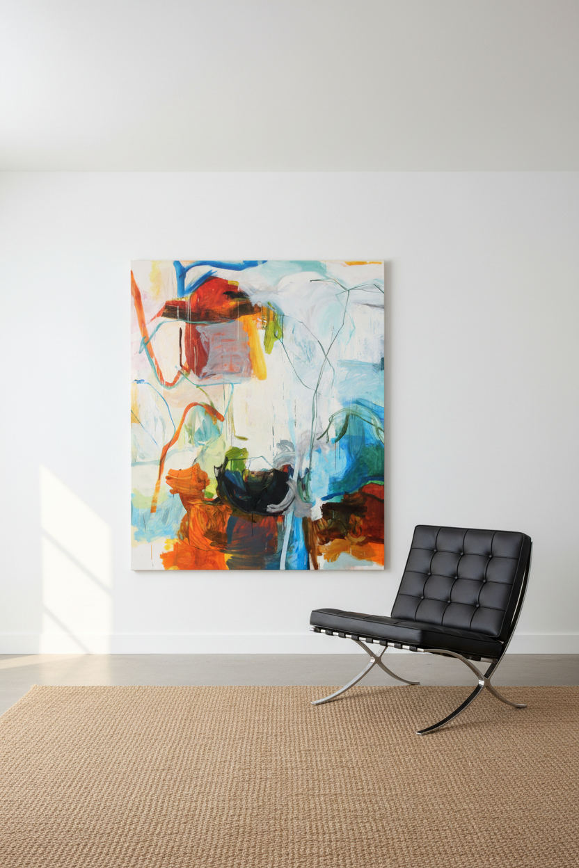 Of Song and Blossom, large abstract expressionist oil painting in whites, blues, and warm tones, displayed in a modernist interior with natural light — original artwork by Michael Rich
