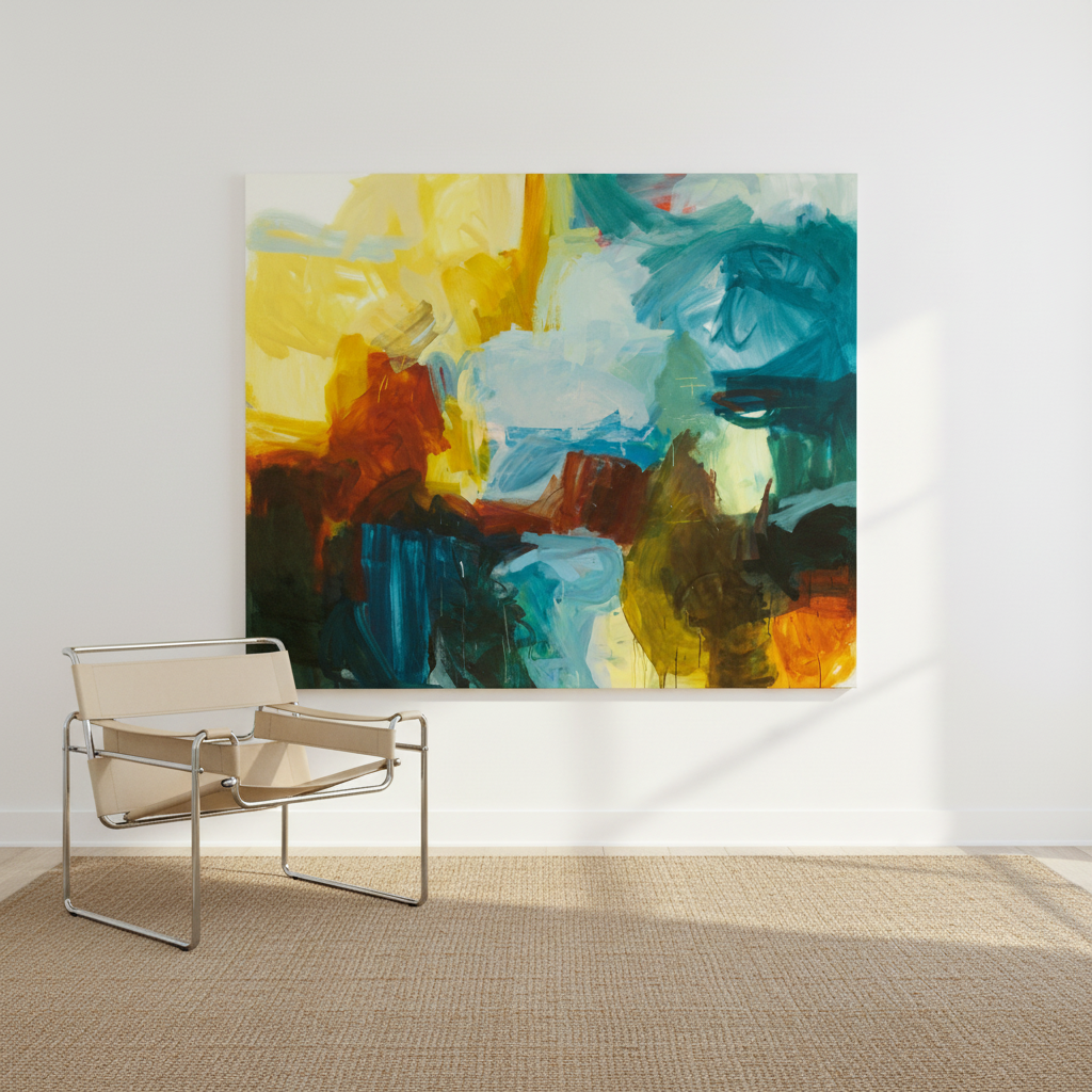 Our Evergreen Season, large abstract expressionist oil painting in deep greens, blues, and whites, displayed in a modernist interior with natural light — original artwork by Michael Rich