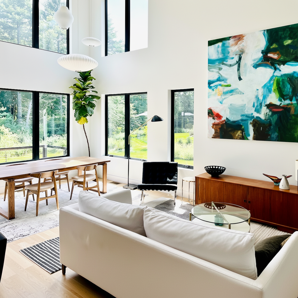 Periphery, large abstract expressionist oil painting in airy blues, greens, and whites with dark gestural marks, displayed in a modernist interior with natural light and forest views — original artwork by Michael Rich