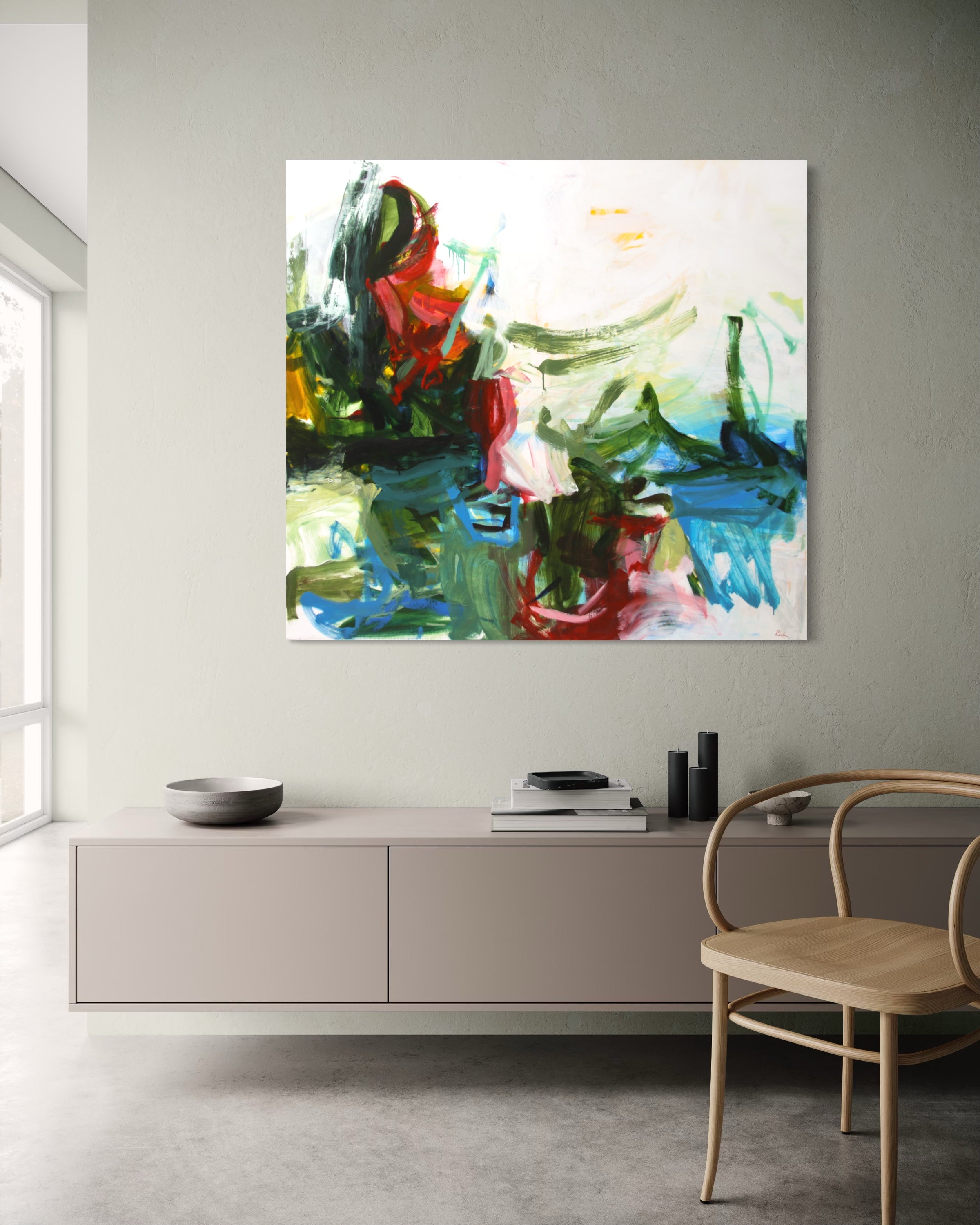 Short video showing an abstract painting by Michael Rich in a spare room