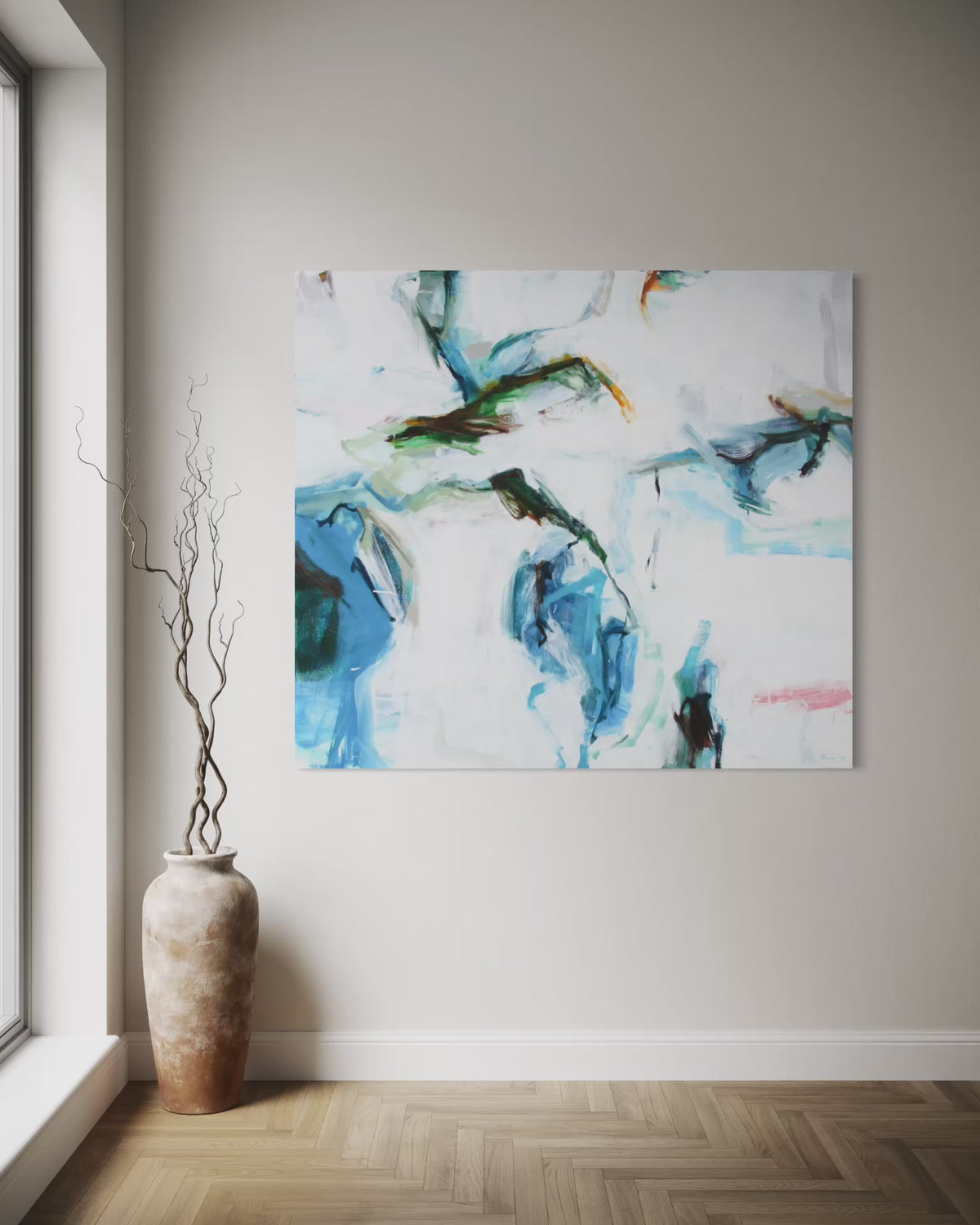 A Reach - an abstract expressionist oil on canvas by Michael Rich in a modern interior
