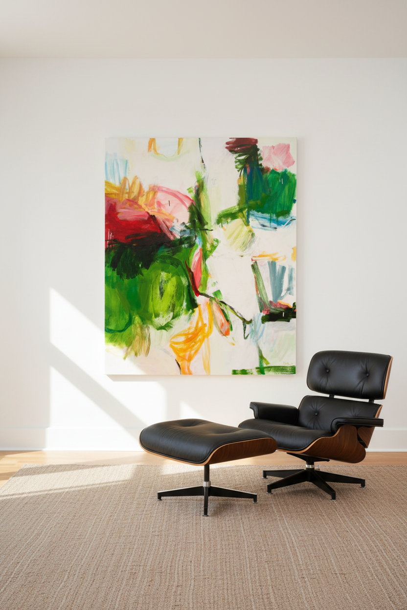 Printemps, large abstract expressionist oil painting in whites, greens, and reds, displayed in a modernist interior with natural light — original artwork by Michael Rich