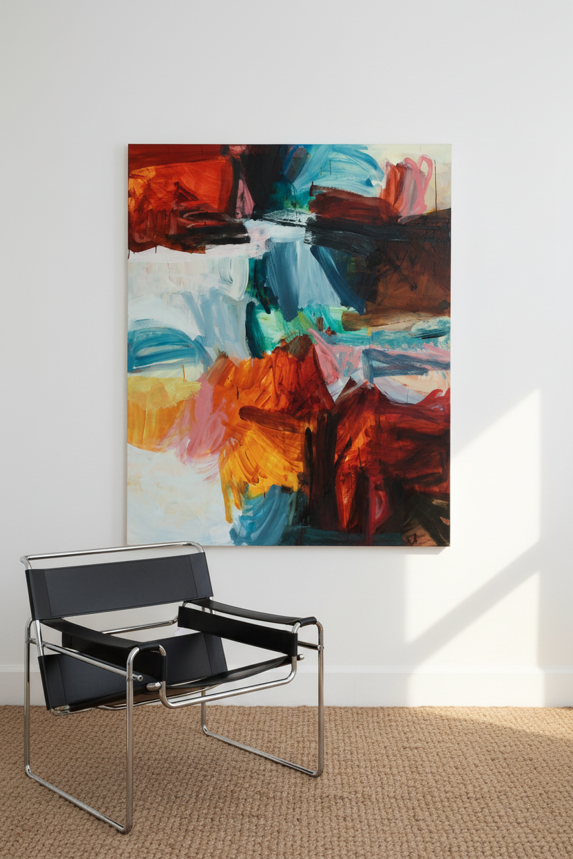 Roman Holiday, large abstract expressionist oil painting in deep Baroque tones of umbers, reds, oranges, and blues, displayed in a modernist interior with natural light — original artwork by Michael Rich