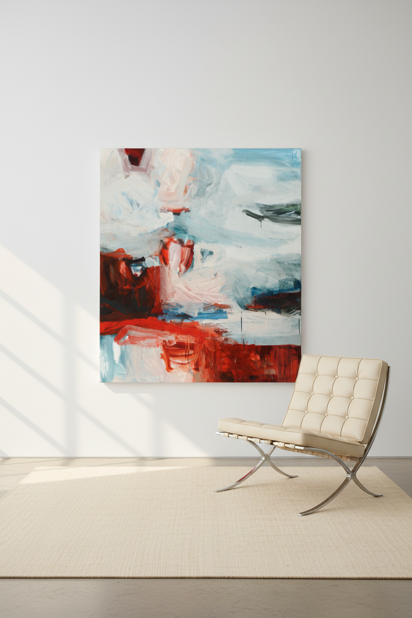 Shore Birds, large abstract expressionist oil painting in reds, soft blues, and grays, displayed in a modernist interior with natural light — original artwork by Michael Rich