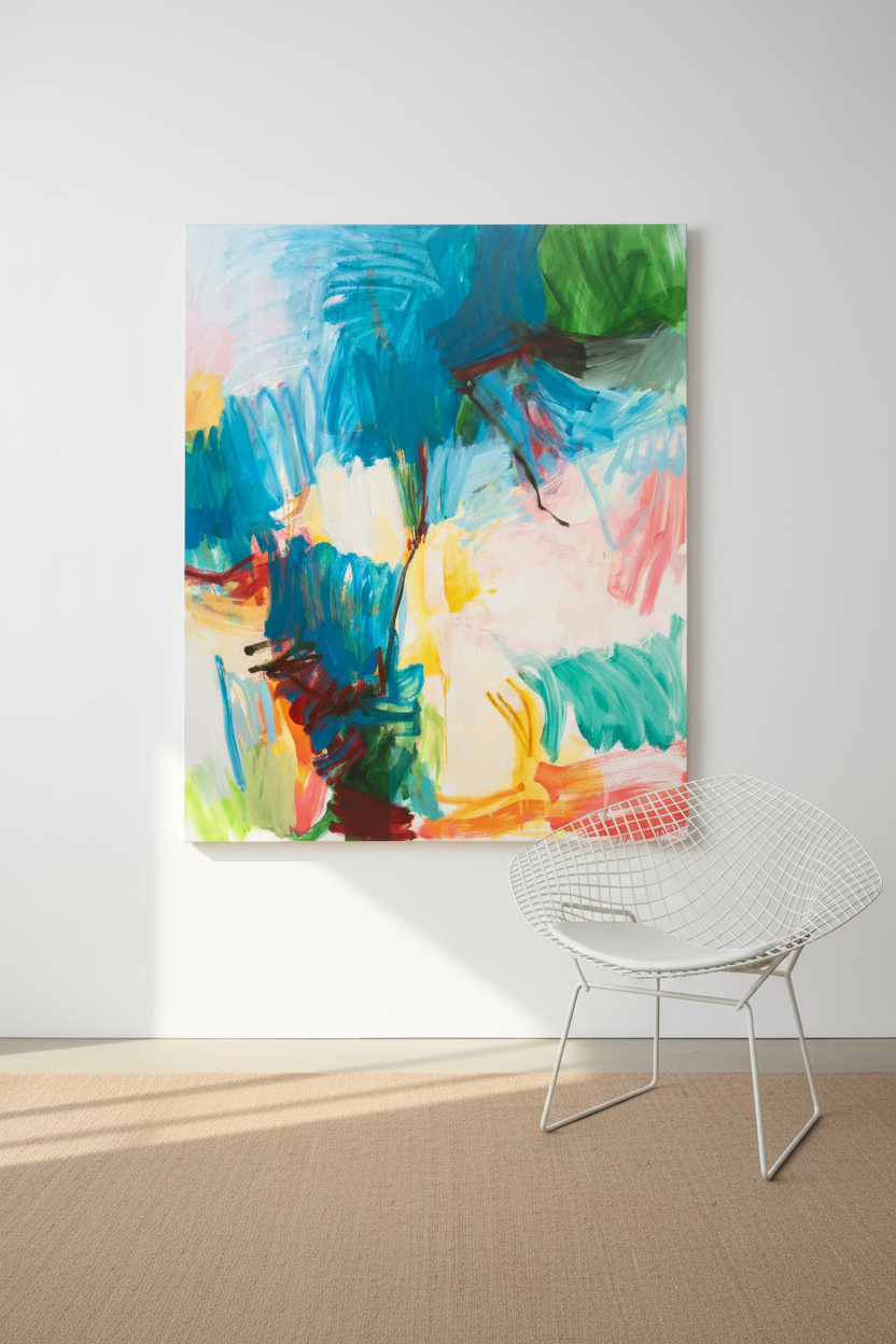 South of France, large abstract expressionist oil painting in cerulean blues, whites, and pinks, displayed in a modernist interior with natural light — original artwork by Michael Rich

