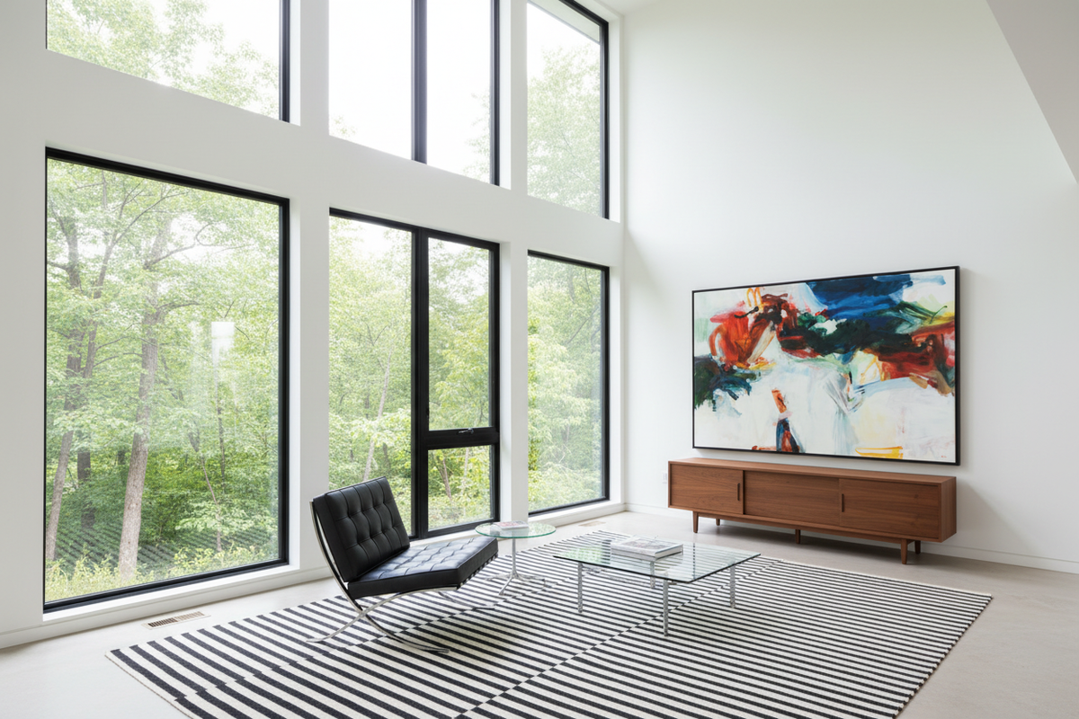 Storm Coming On, large horizontal abstract expressionist oil painting in bold reds, deep navy blues, dark greens, and oranges, displayed in a modernist interior with Wassily chair and natural light — original artwork by Michael Rich