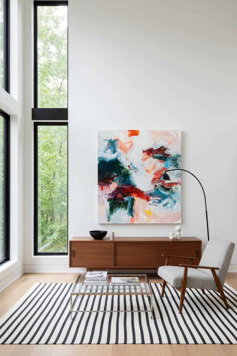 The Color of Sky, large abstract expressionist oil painting in soft pinks, blues, teals, and luminous whites, displayed in a bright modernist interior with natural daylight — original artwork by Michael Rich


