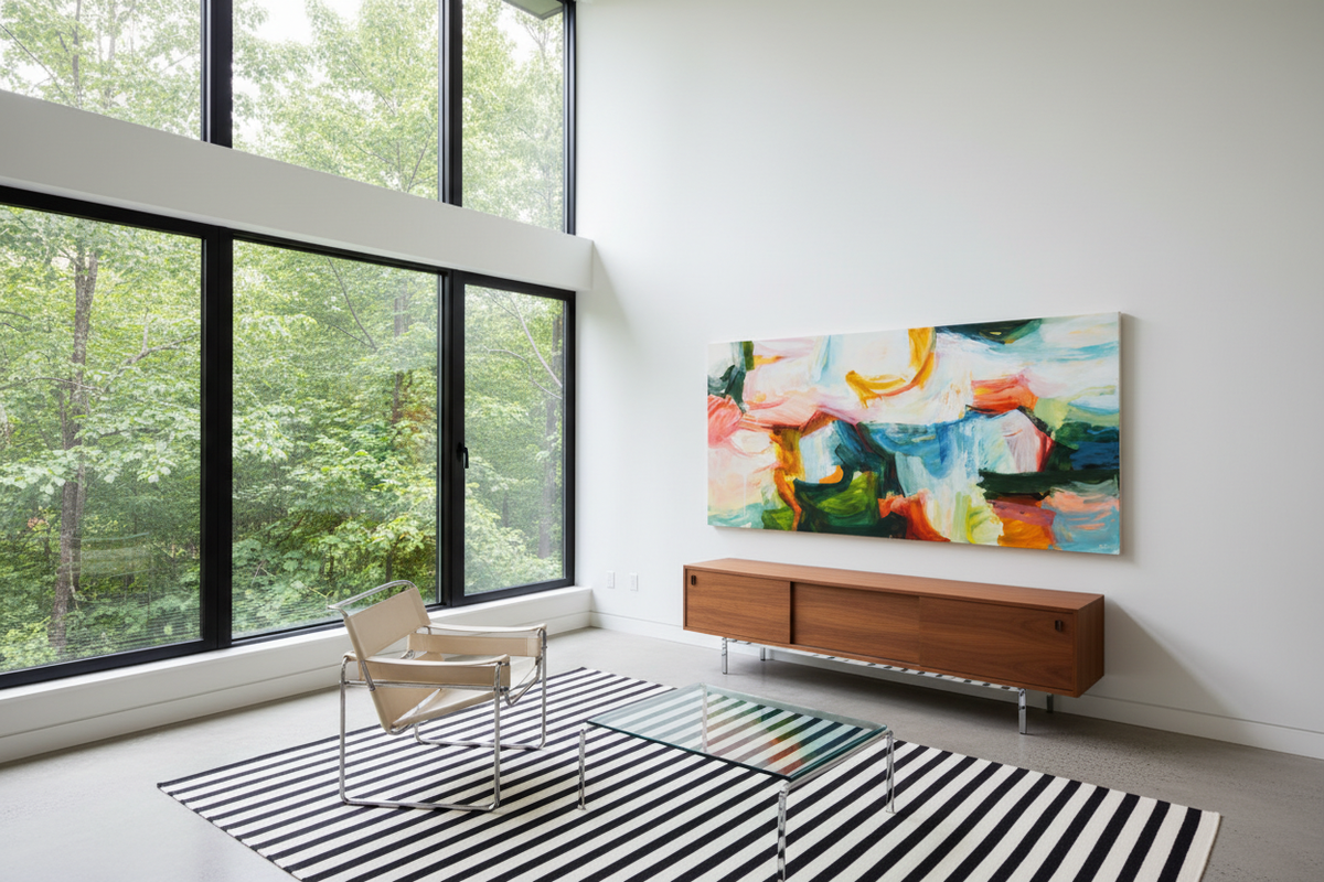 The Sea, Close to Twilight, large horizontal abstract expressionist oil painting in soft pinks, blues, teals, and golds, displayed in a modernist interior with Wassily chair and natural light — original artwork by Michael Rich
