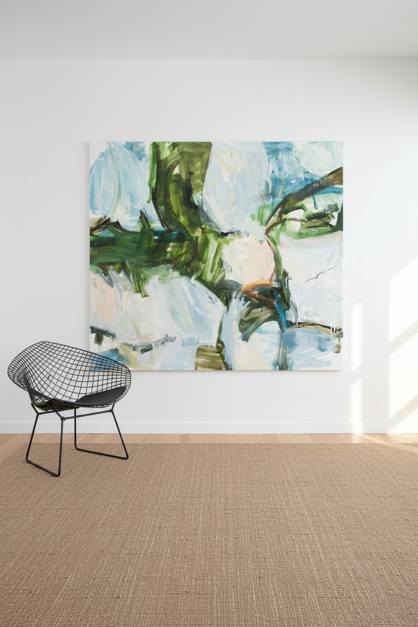 Through the Trees, large abstract expressionist oil painting in soft blues, greens, and warm earth tones, displayed in a modernist interior with Bertoia Diamond chair and natural light — original artwork by Michael Rich
