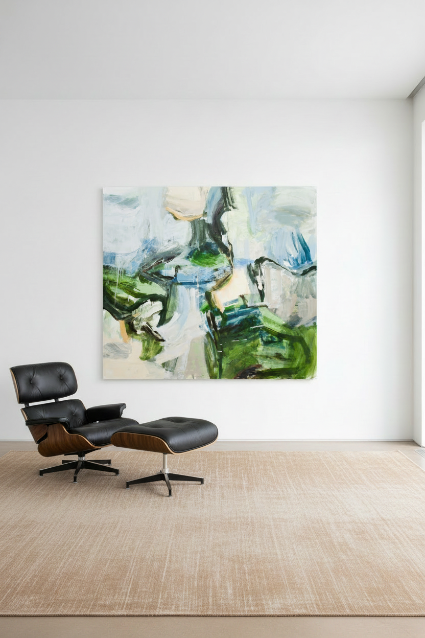 Wilder, large abstract expressionist oil painting in blues and greens, displayed in a modernist interior with Eames lounge chair and natural light — original artwork by Michael Rich