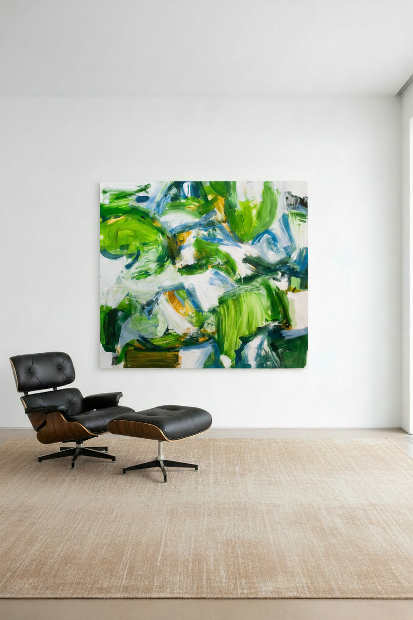Willow, large abstract expressionist oil painting in greens and blues, displayed in a modernist interior with natural light — original artwork by Michael Rich